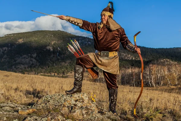 Nomad. Kazakh, hungarian warriors whith bow. Hunters. — Stock Photo, Image