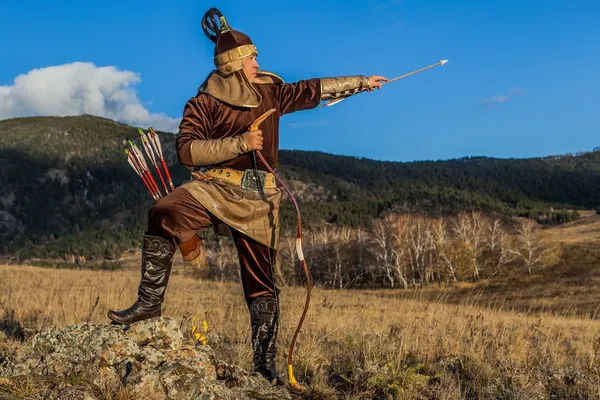 Nomad. Kazakh, hungarian warriors whith bow. Hunters. — Stock Photo, Image