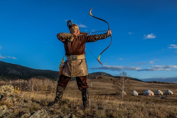 Nomad. Kazakh, hungarian warriors whith bow. Hunters. — Stock Photo, Image