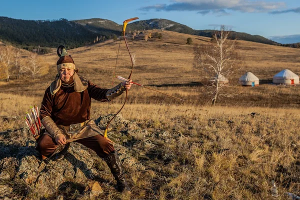 Nomad. Kazakh, hungarian warriors whith bow. Hunters. — Stock Photo, Image