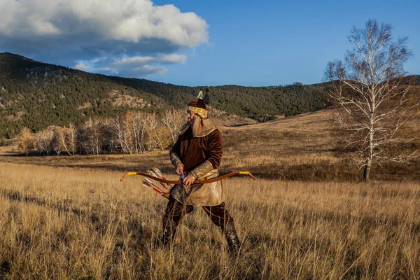 Nomad. Kazakh, hungarian warriors whith bow. Hunters. — Stock Photo, Image
