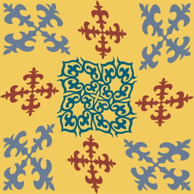 Geleneksel doğu tarzında soyut kabile kiremitleri olan Kazak göçebe deseni, arabesk, bozkır halkı, halı.