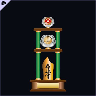 Karate kyokushin cup award. Hieroglyph Kyokushinkai translate Way New Karate. Martial art creative design.