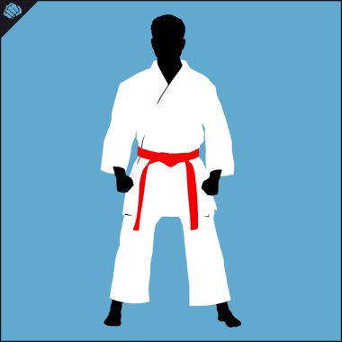 Karate dövüşçüsü kimono yaratıcı tasarım amblemi renkli sembol, logo. Vektör. EPS 
