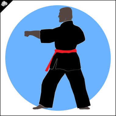 Karate dövüşçüsü kimono yaratıcı tasarım amblemi renkli sembol, logo. Vektör. EPS 