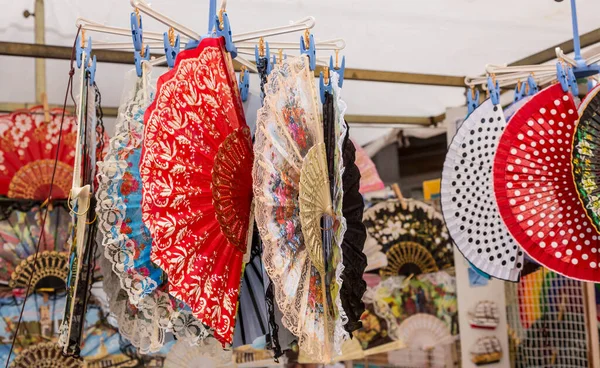 Traditional Decorative Spanish Fans Captured Market One White Villages Andalusia — Stock Photo, Image