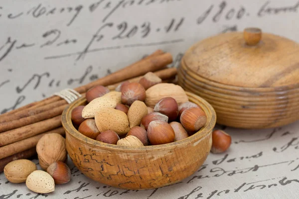Christmas Still Life Cinnamon Nuts Wooden Bowl Perfect Greeting Card — Stock Photo, Image