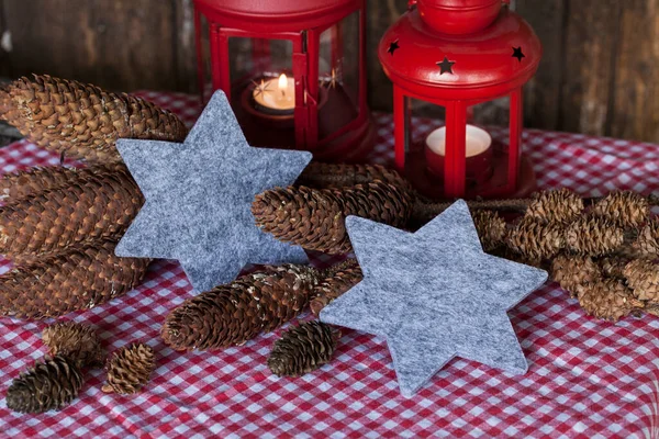 Christmas Still Life Country Stile Felt Stars Lantern Pine Cones — Stock Photo, Image