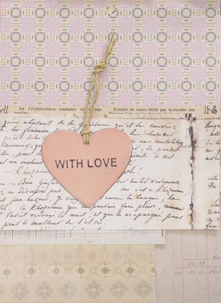 Coeur Rose Avec Texte Amour Sur Fond Éphémère Vintage Parfait — Photo