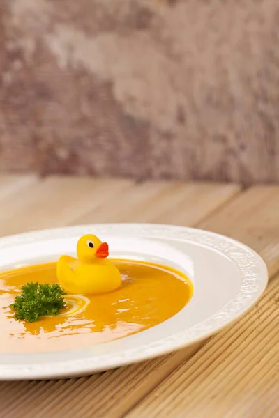 Rustic Pumpkin Soup With Duck — Stock Photo, Image