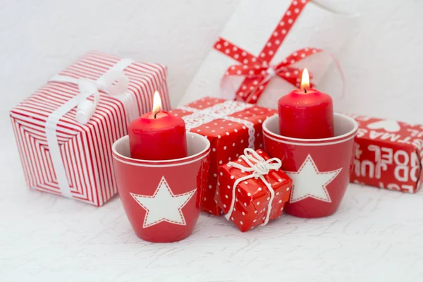 Natal Ainda Vida Com Caixas Presente Vermelho Branco Perfeito Para — Fotografia de Stock