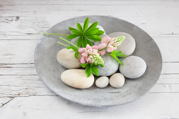 Blumen Und Kiesel Auf Einem Grauen Teller Zen Stil Stillleben — Stockfoto