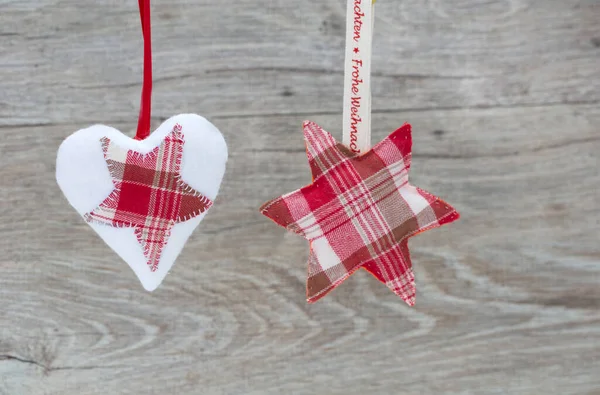 Fabric Christmas Heart Star Ornaments Hanging Wooden Background Copy Space — Φωτογραφία Αρχείου