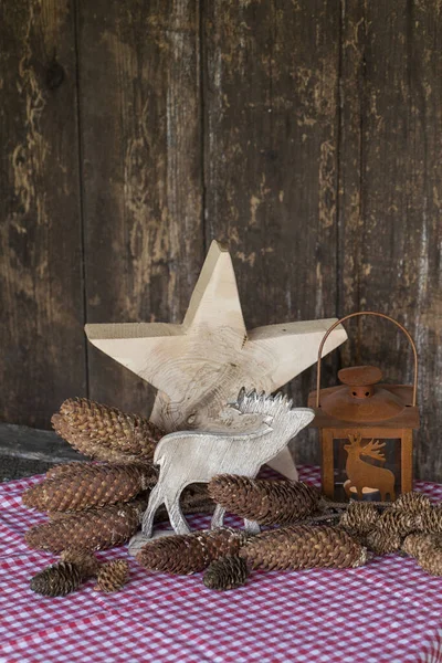 Χριστούγεννα Νεκρή Φύση Στυλ Χώρα Μαζική Ξύλινο Αστέρι Τάρανδοι Και — Φωτογραφία Αρχείου