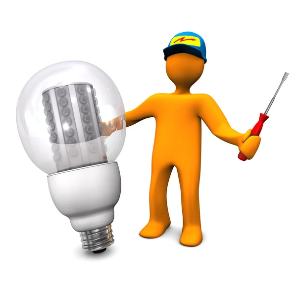 Elettricista con lampadina a LED — Foto Stock