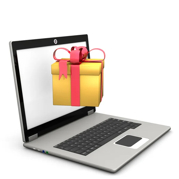 Laptop gouden geschenk — Stockfoto