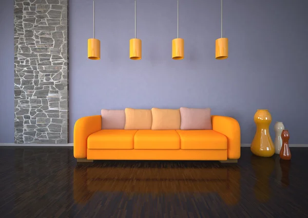 Narancssárga kanapé kő szoba — Stock Fotó