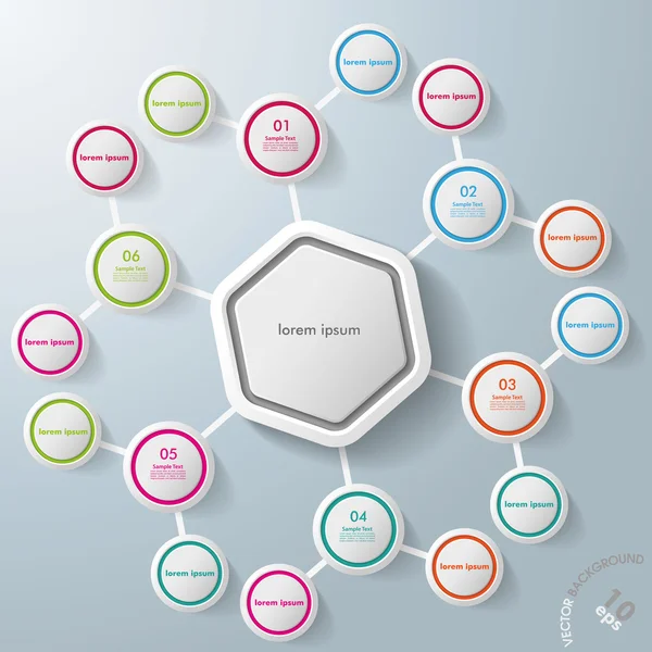 Infographie Bagues hexagonales colorées Benzène — Image vectorielle