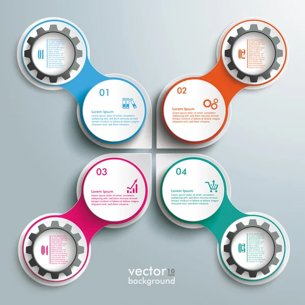 Infografik lässt schwarze Zahnräder 4 farbige Kreise kreuzen — Stockvektor