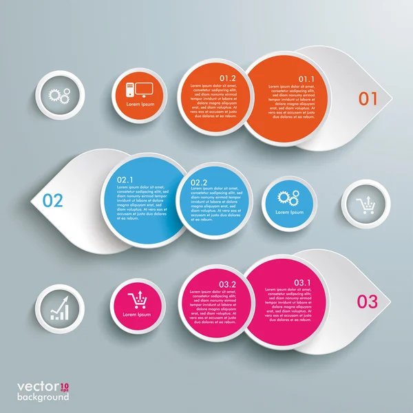 Tres gotas de colores por lotes círculos infografía — Vector de stock