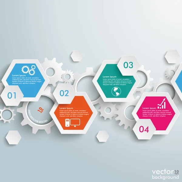 Línea de engranajes hexagonales infográficos — Vector de stock