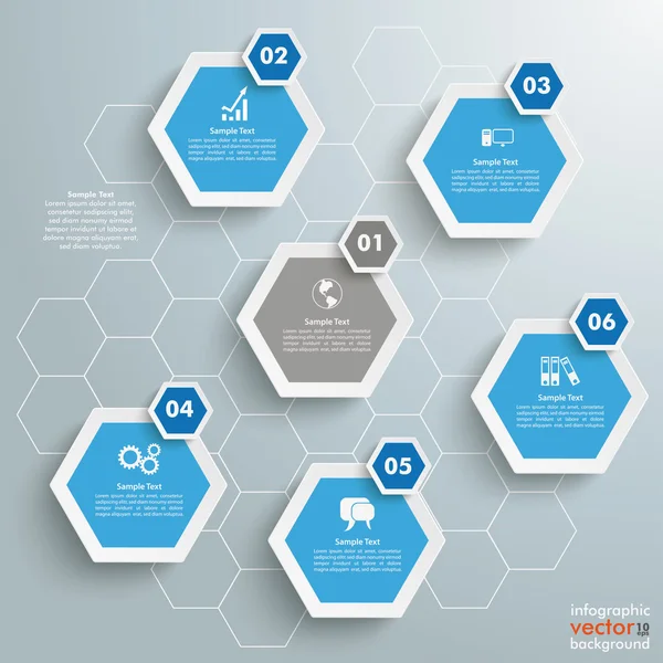 6 gekleurde zeshoeken achtergrond — Stockvector