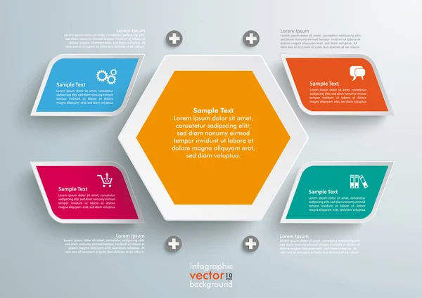 4 rectángulos biselados coloreados Hexagon Infografía — Vector de stock
