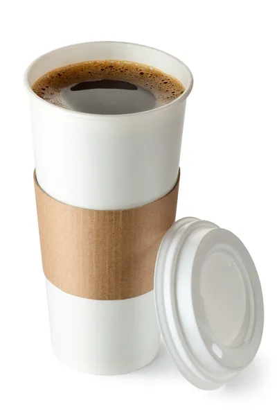 Otwarty kawy na wynos z uchwytem na kubek. na białym tle. Obraz Stockowy