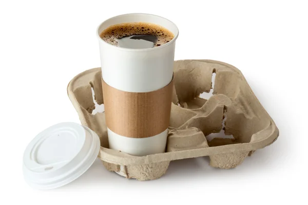 Opened take-out coffee in holder — Stock Photo, Image