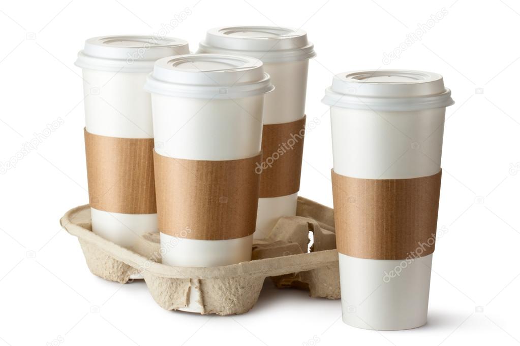 Four take-out coffee. Three cups in holder.