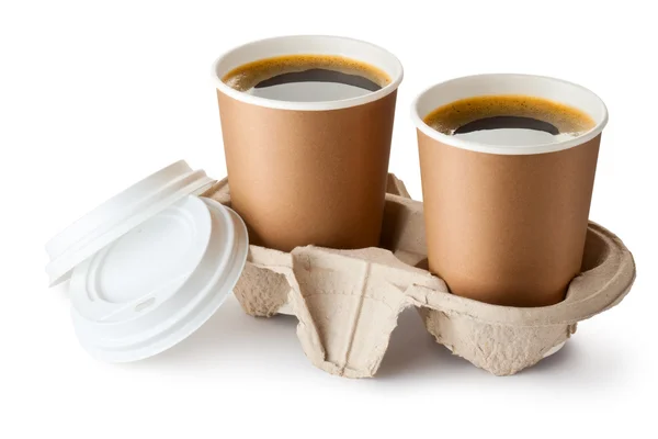 Två öppnade takeaway kaffe i hållare — Stockfoto