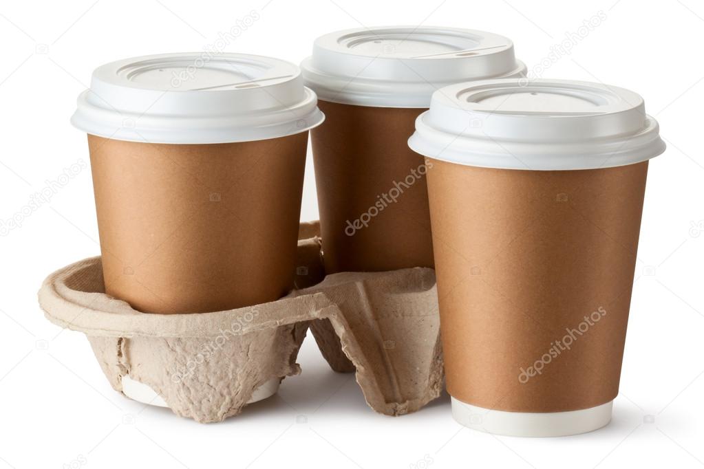 Three take-out coffee. Two cups in holder.