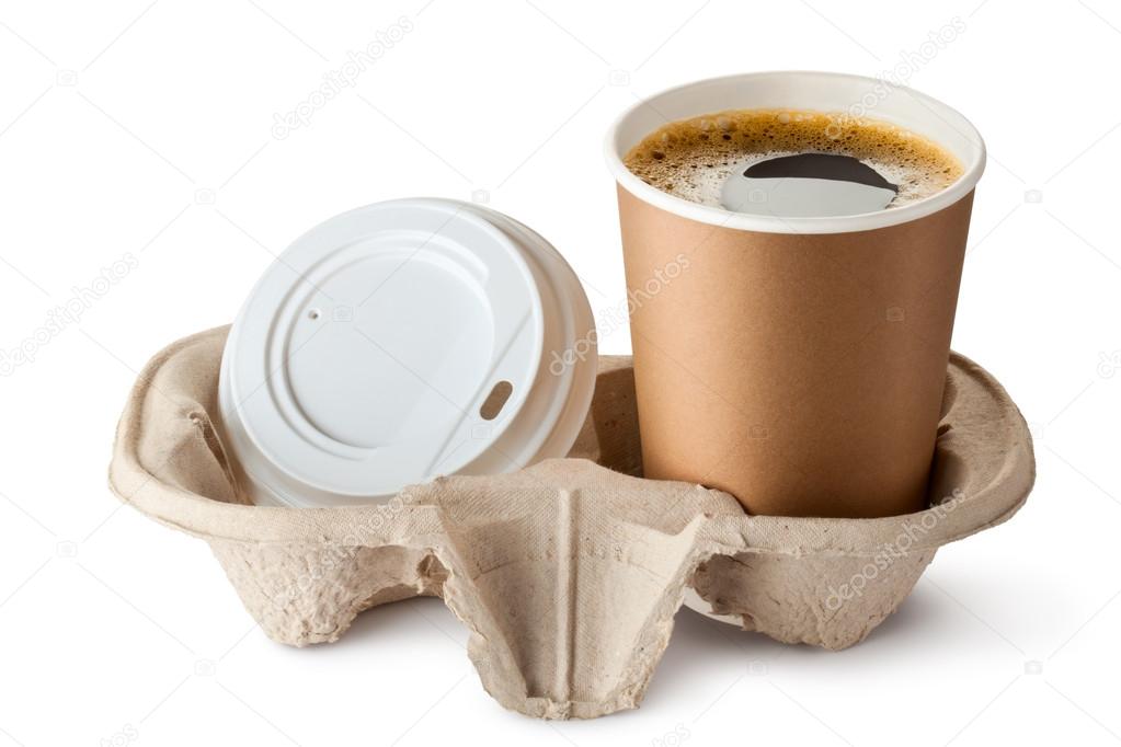 Opened take-out coffee in holder. Lid is near.