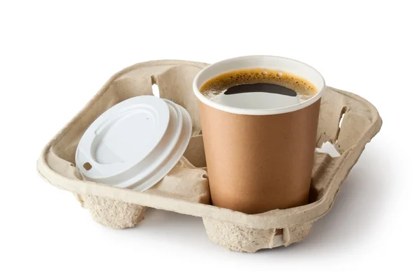 Ein geöffneter Take-Out-Kaffee im Halter Stockbild