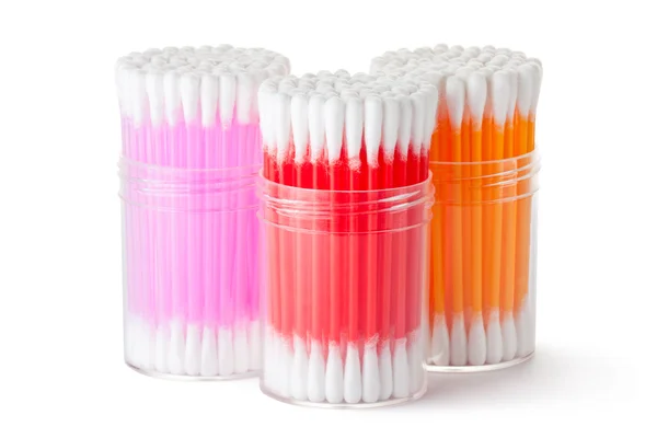 Three plastic box with assorted colors cotton swabs — Stock Photo, Image