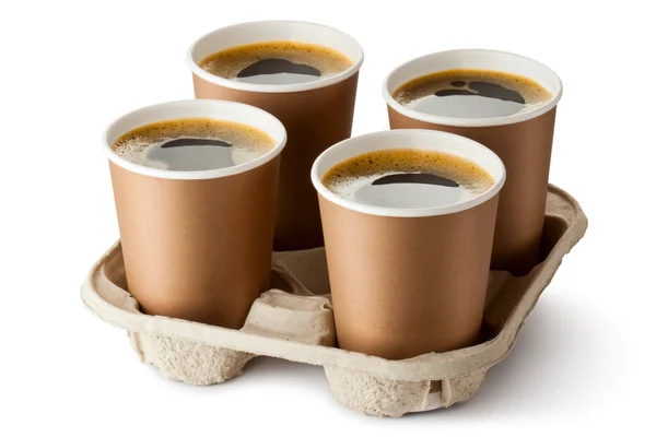 Čtyři otevřené take-out kávy v držáku — Stock fotografie