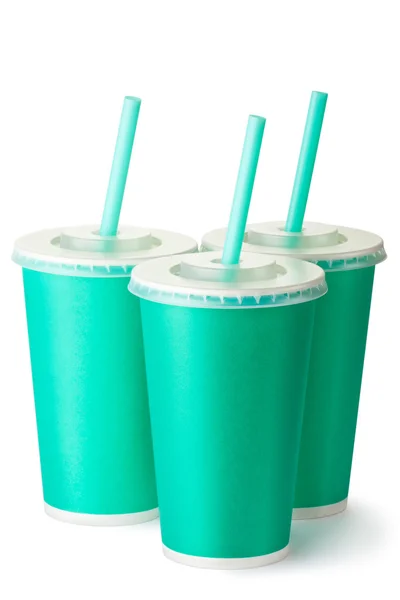 Three green cardboard cups with a straws — Stock Photo, Image