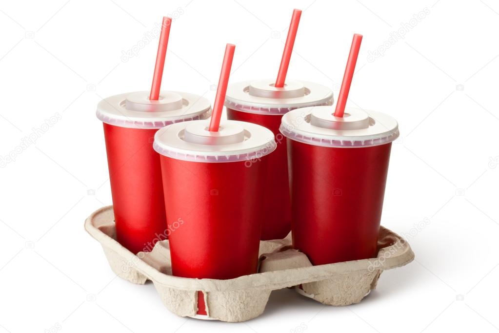 Four red takeout cups in a cup holder