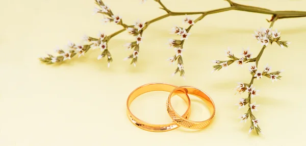 Gold wedding rings and branch flowers — Stock Photo, Image