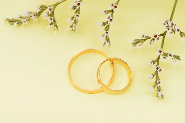 Zlaté snubní prsteny a větev květiny — Stock fotografie