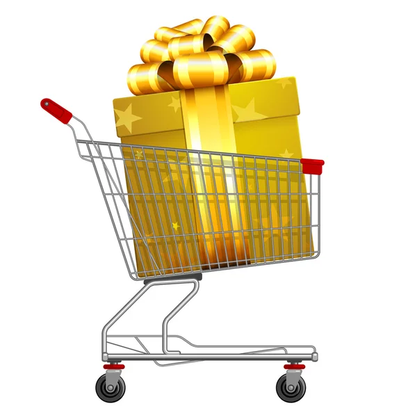 Carrito de compras del supermercado lleno de regalos de día festivo . — Vector de stock