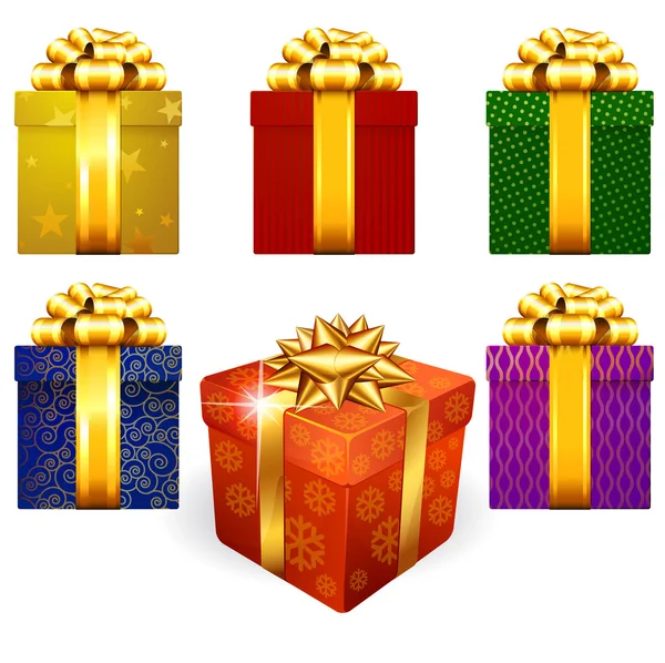 Cajas de regalo brillantes coloreadas y decoradas — Vector de stock