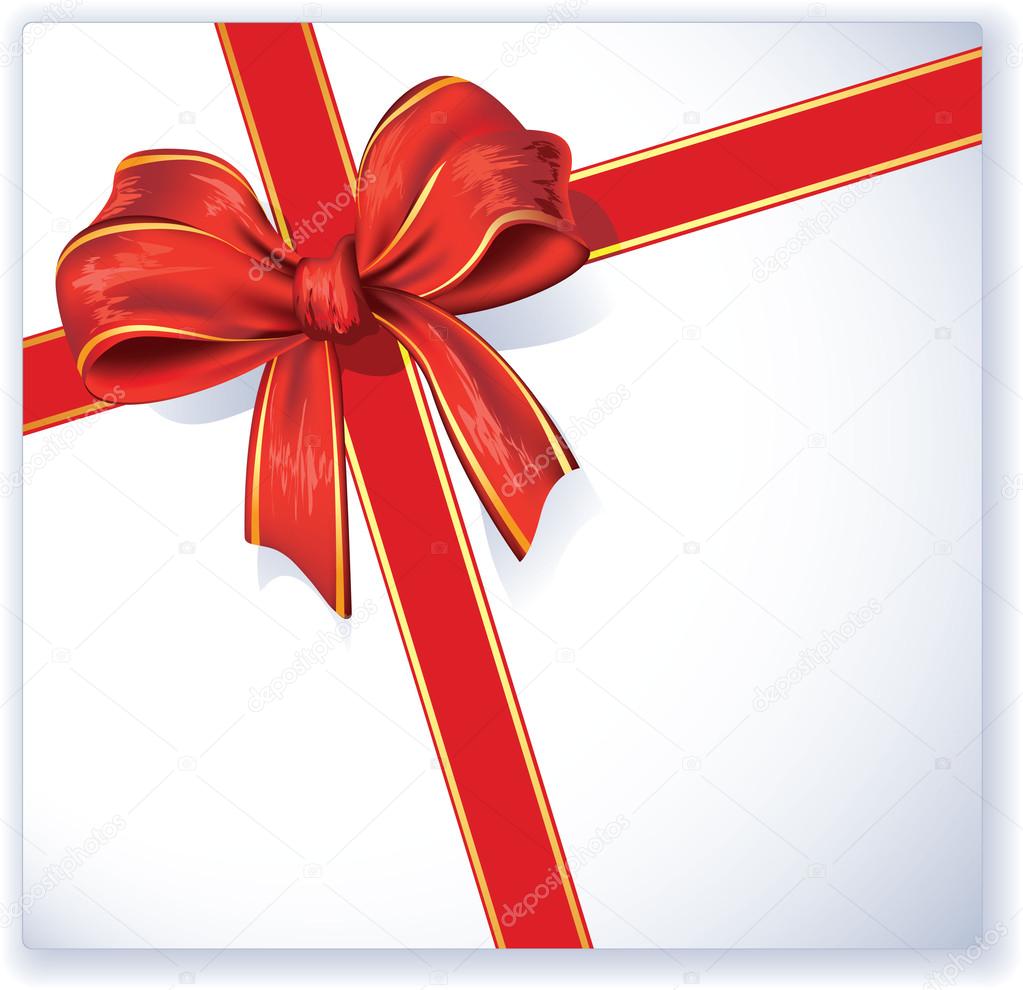 Greeting card with red ribbon and bow.