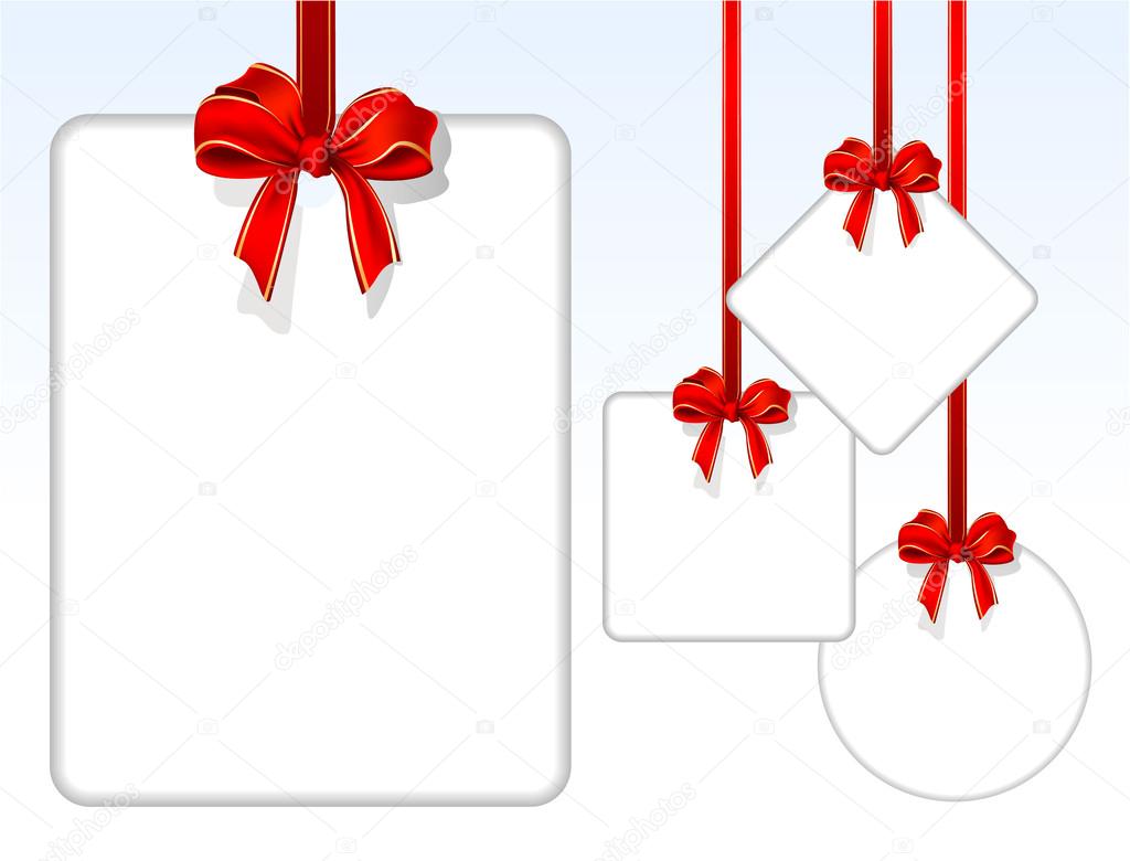 Card notes with red gift bows with ribbons.