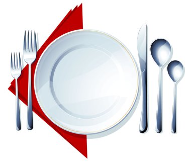 bıçak, beyaz tabak, kaşık ve çatal