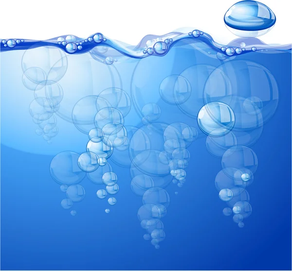 Helder blauw waterstroom met bubbels en druppels. — Stockvector