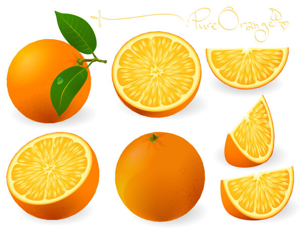 Fresh oranges with leaves and orange slices.