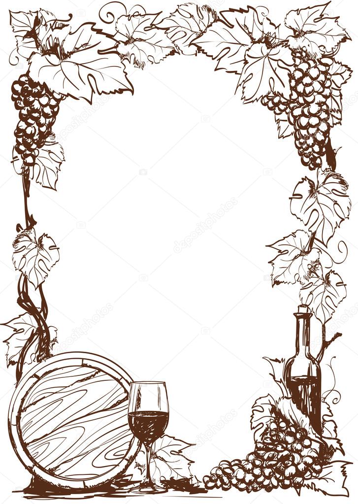 Hand drawn grape and bottle of wine.