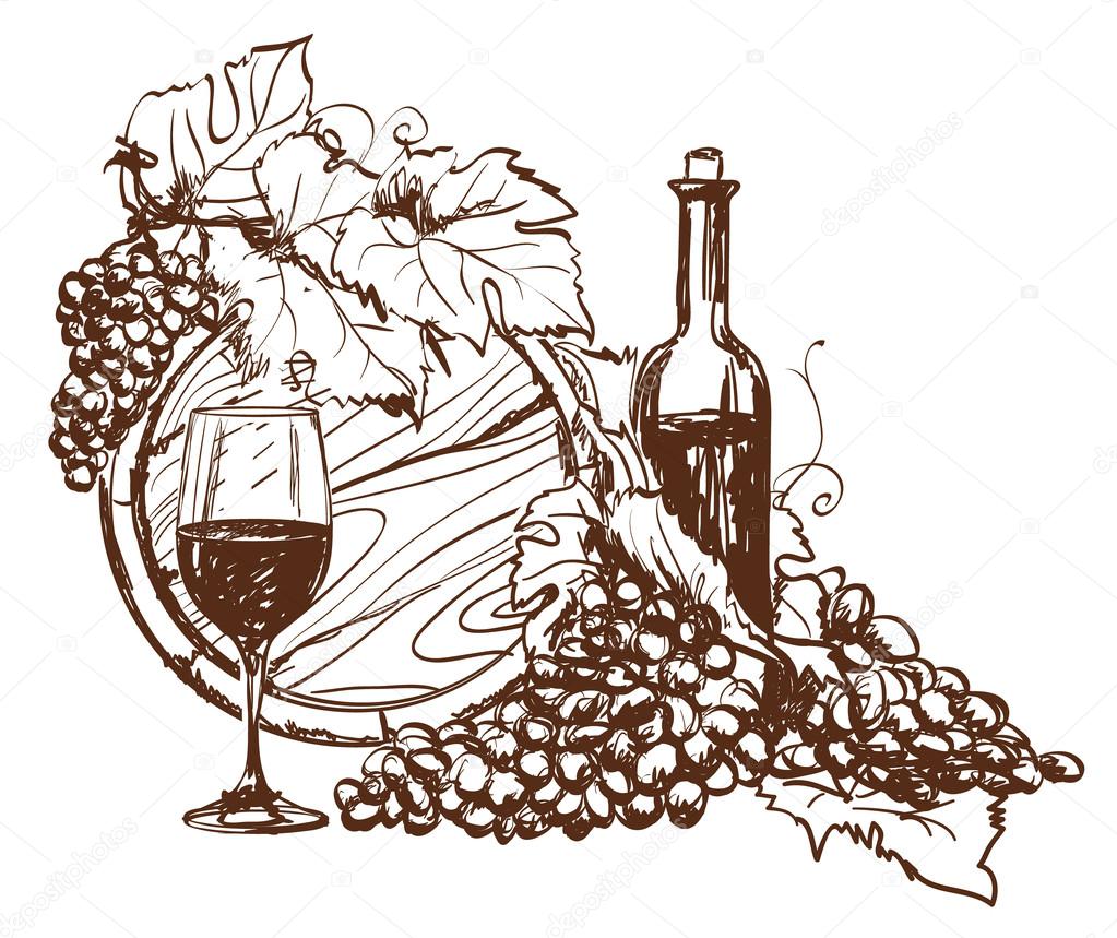 Hand drawn grape and bottle of wine.