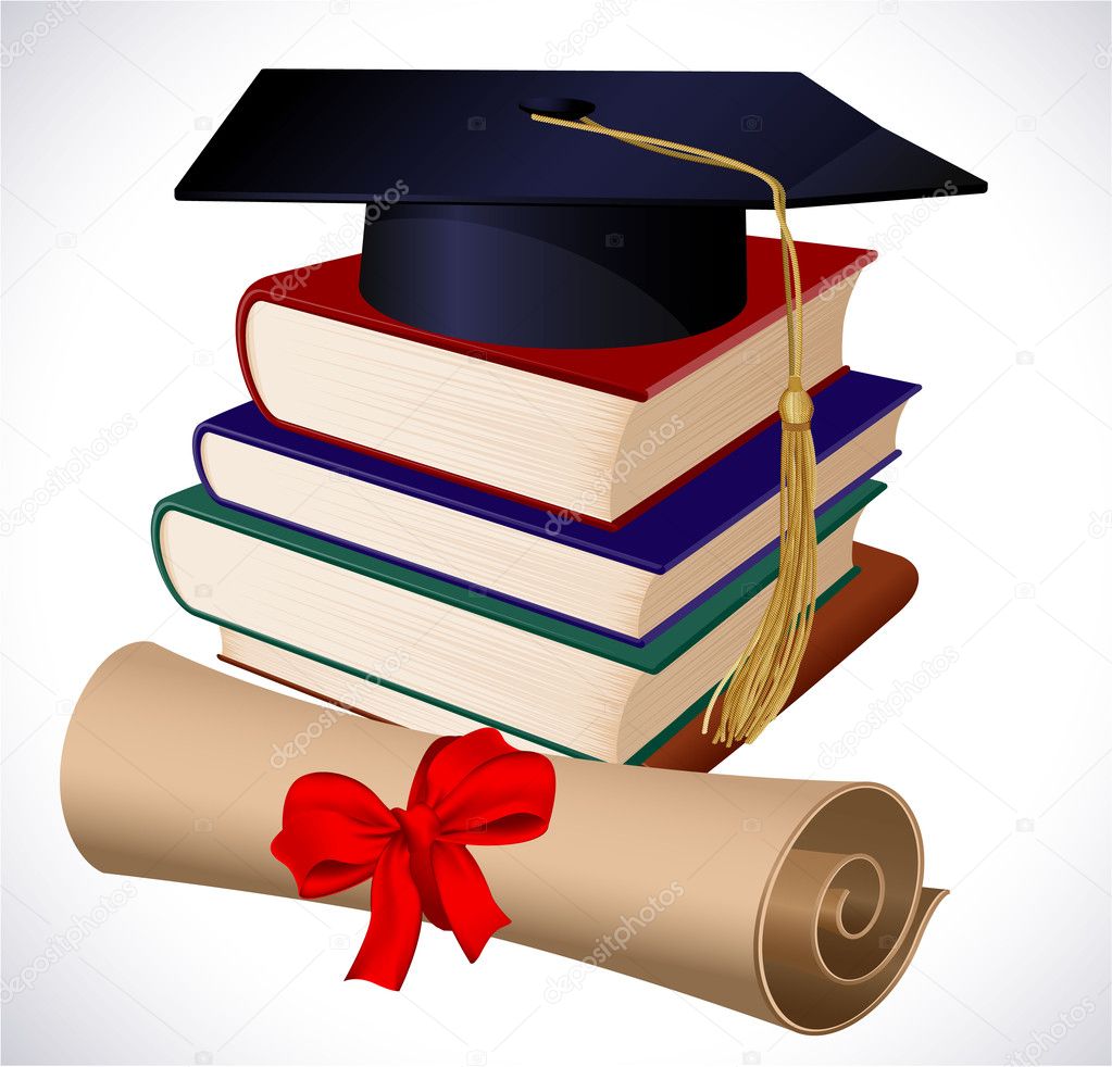 Graduation cap, books and diploma.